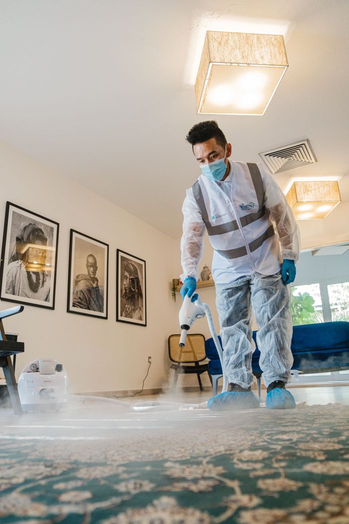 the-story A professional in protective gear steam cleans carpet indoors, maintaining hygiene.